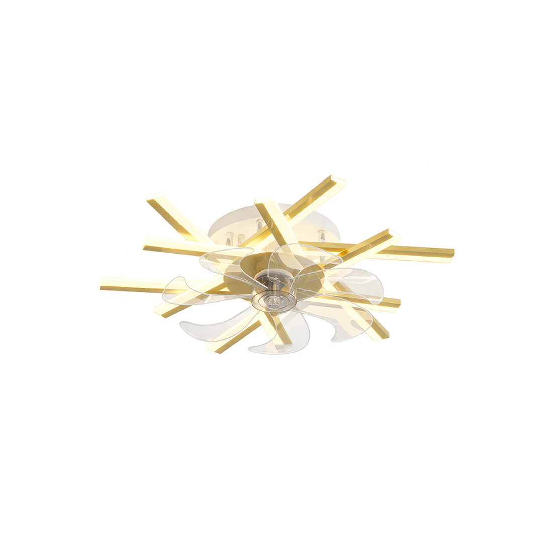 Elegant metal ceiling fan with light in champagne gold with slender extending blades