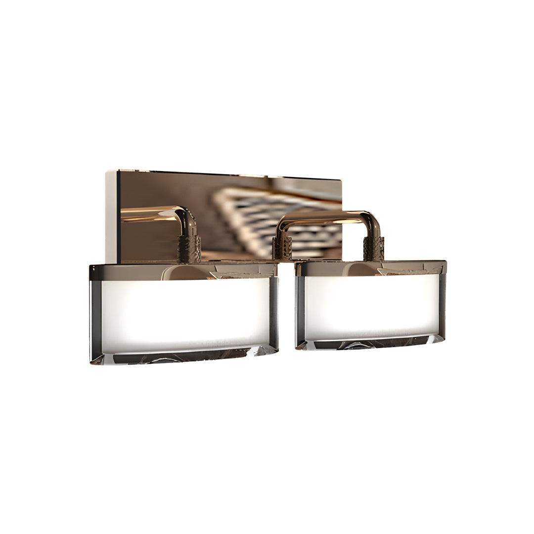 Elegant metal wall art with led lights presenting dual rectangular glass shades with circular bronze accent element