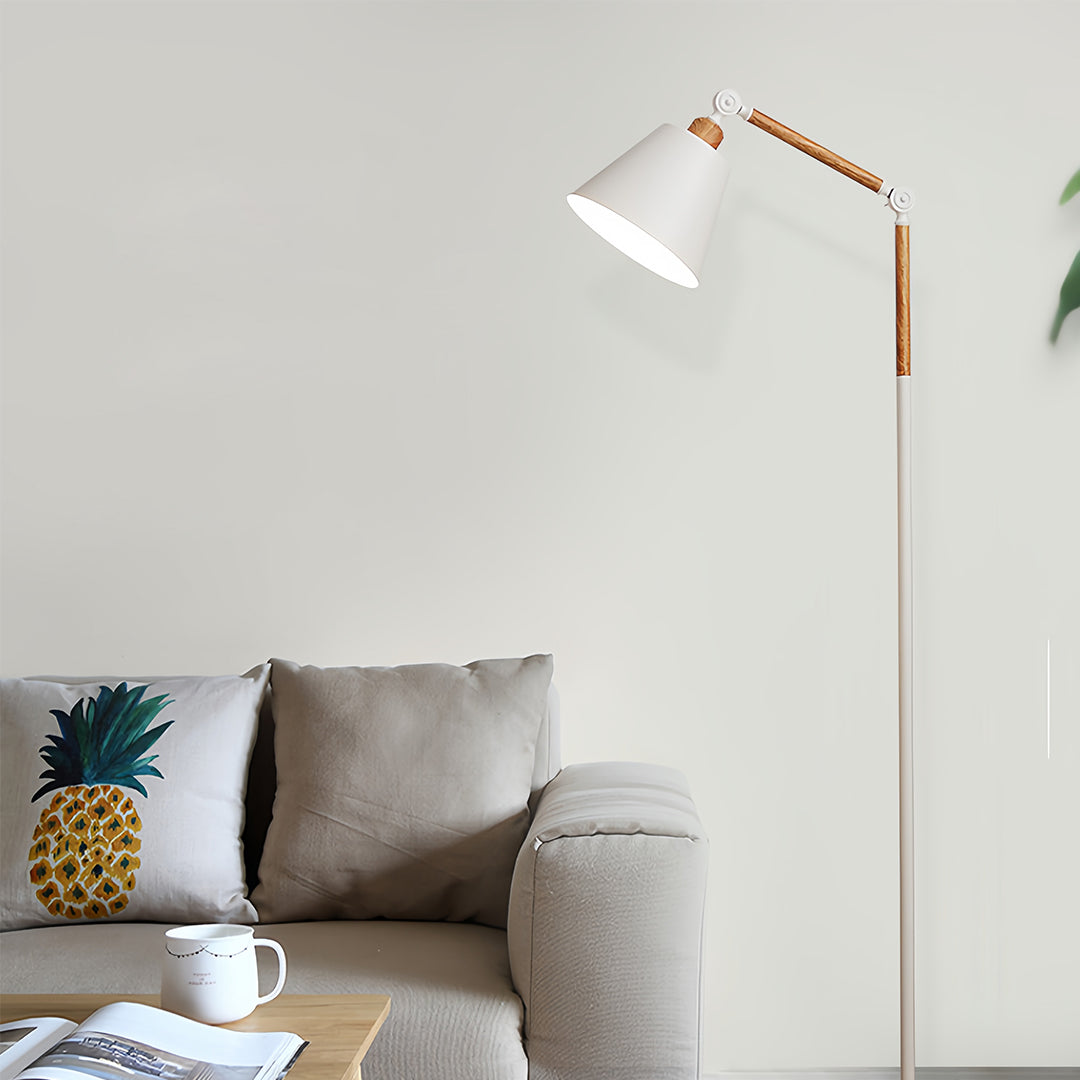 Elegant metallic floor lamp with black directional shade and gold accents creating dramatic room lighting