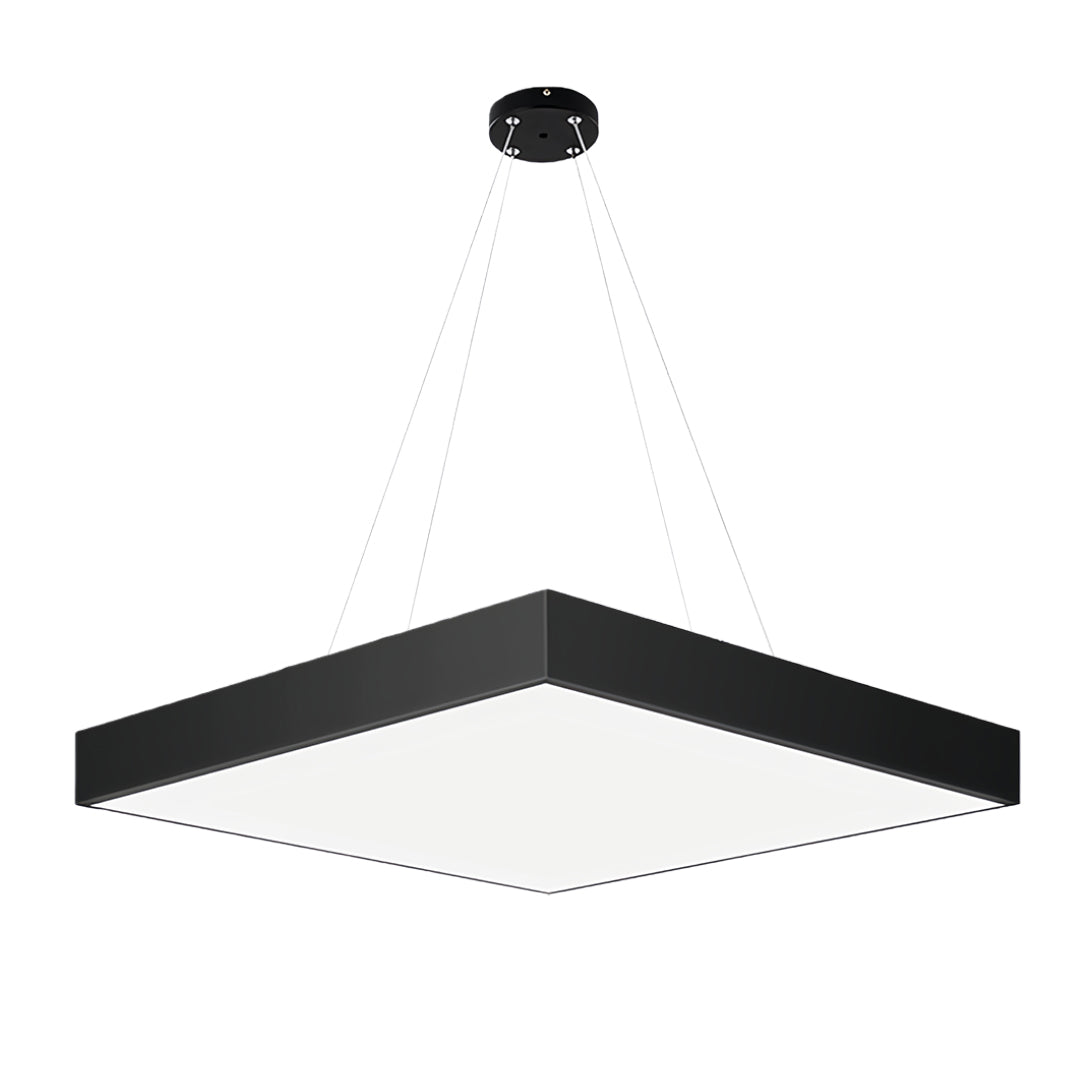 Elegant modern black chandelier suspended over a restaurant, creating an inviting atmosphere with its unique design.