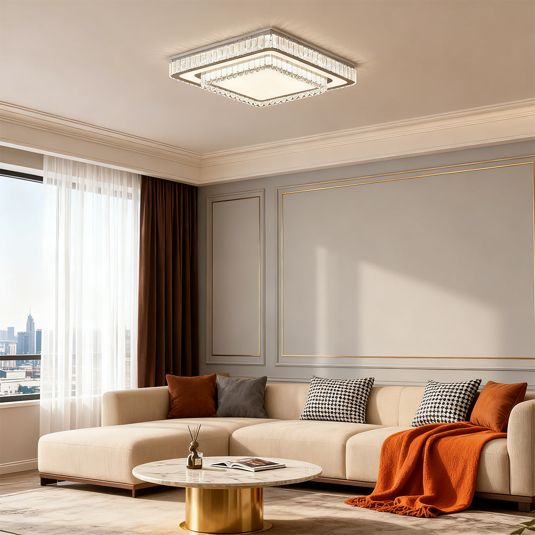 Elegant modern flush mount light fixtures with glass shade chandelier styling illuminating sophisticated beige-toned living room.