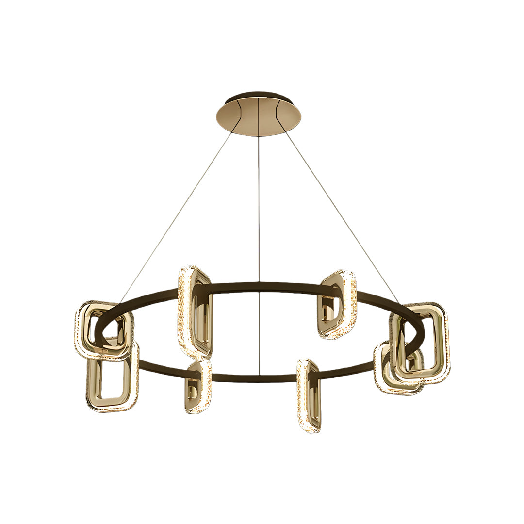 Elegant modern gold chandeliers with circular brass frame and suspended rectangular glass lantern elements