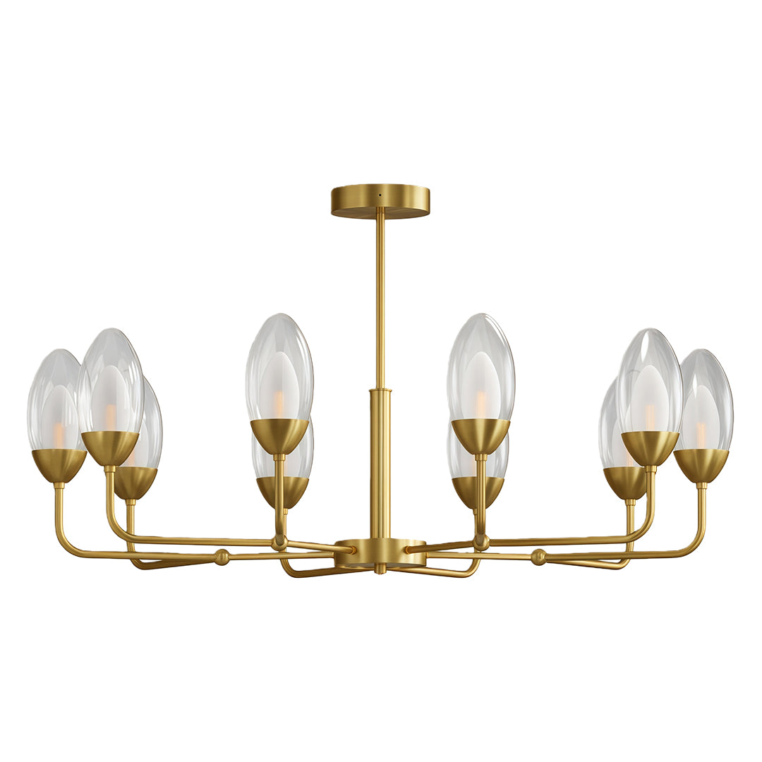 Elegant modern minimalist chandelier featuring glass shade chandelier aesthetic in polished brass with eight-light arrangement.