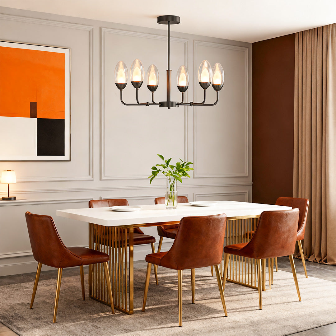 Elegant modern minimalist chandelier with glass shade chandelier aesthetic illuminating modern dining room with orange accent chairs.
