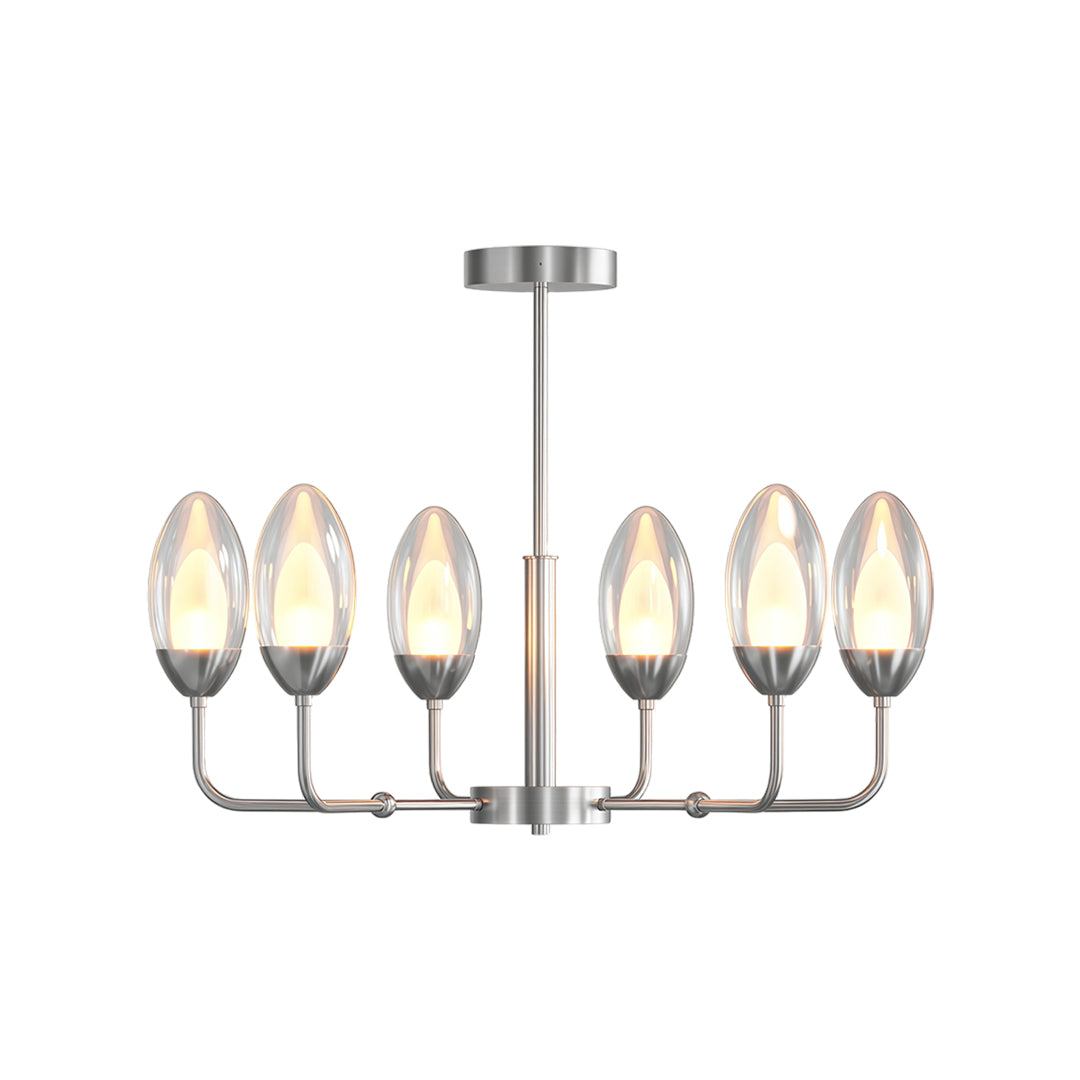 Elegant modern minimalist chandelier with glass shade chandelier styling in polished nickel featuring six candle-style lights.