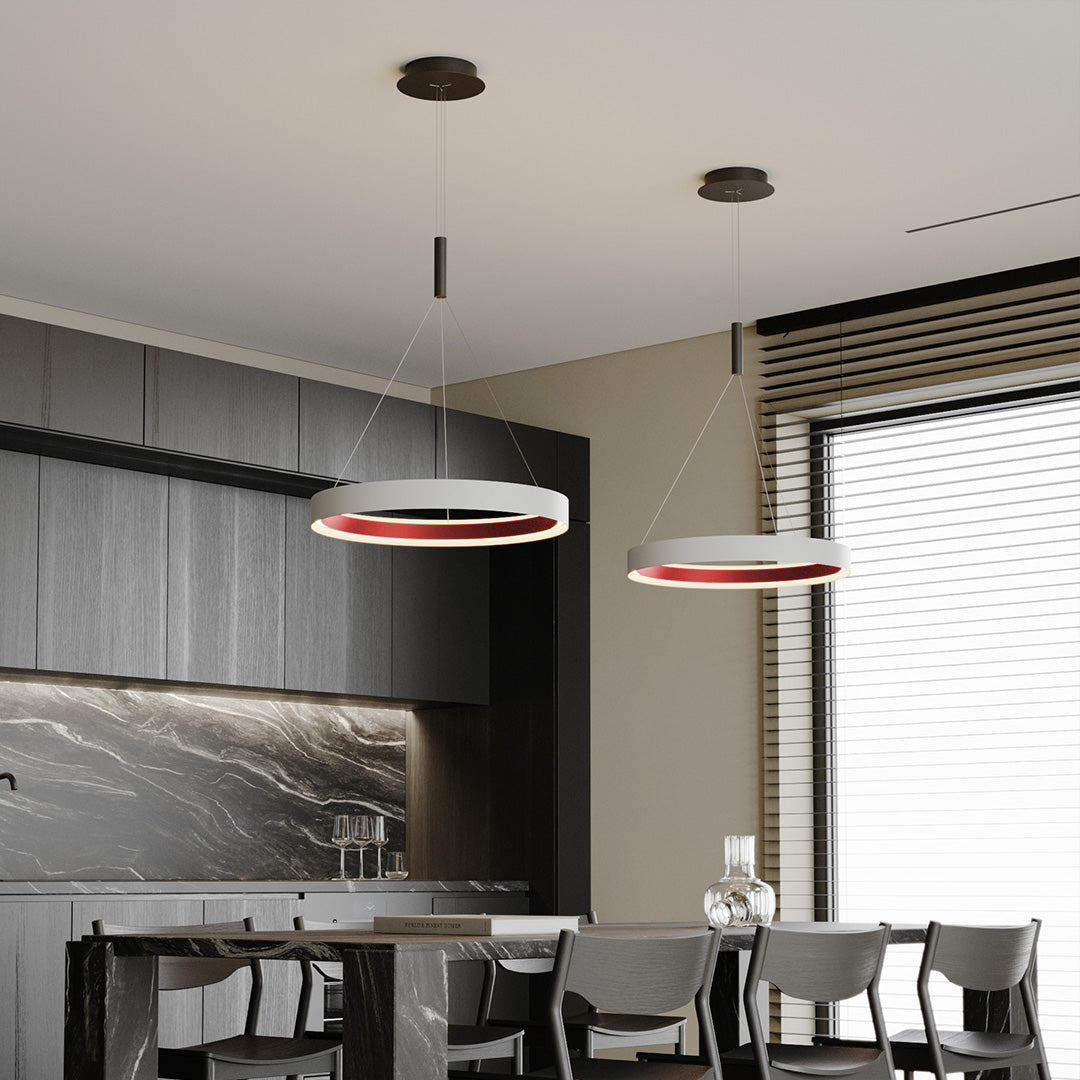Elegant modern ring chandelier with glass shade chandelier styling providing dramatic focal point in contemporary dining space.