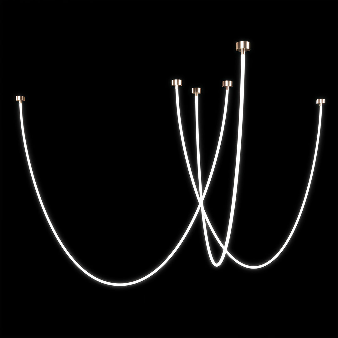 Elegant neon pendant lights in layered U-shaped configuration with warm white glow on dark background.