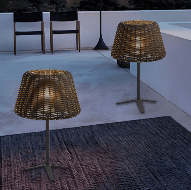 Elegant Rattan Shade LED Outdoor Floor Lamp Pendant Light with Stake and Open - Top Design