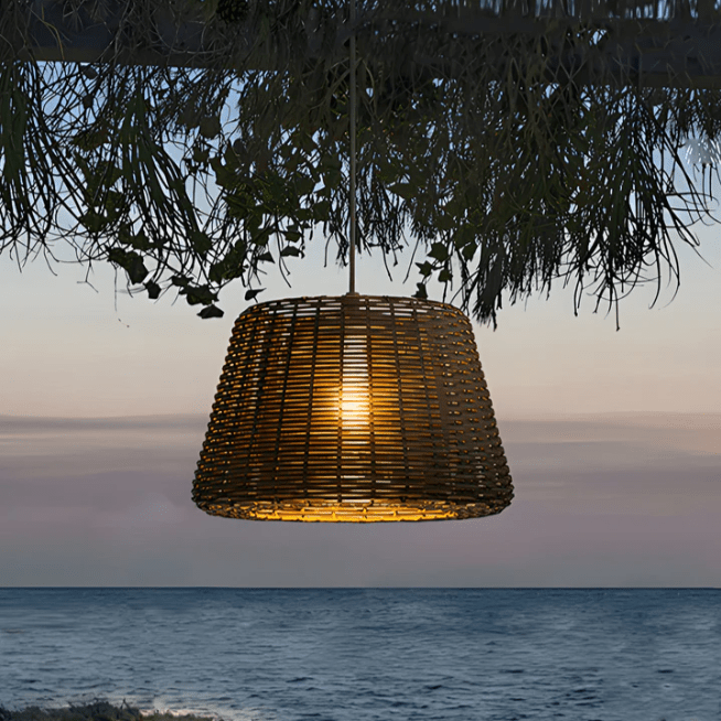 Elegant Rattan Shade LED Outdoor Floor Lamp Pendant Light with Stake and Open - Top Design