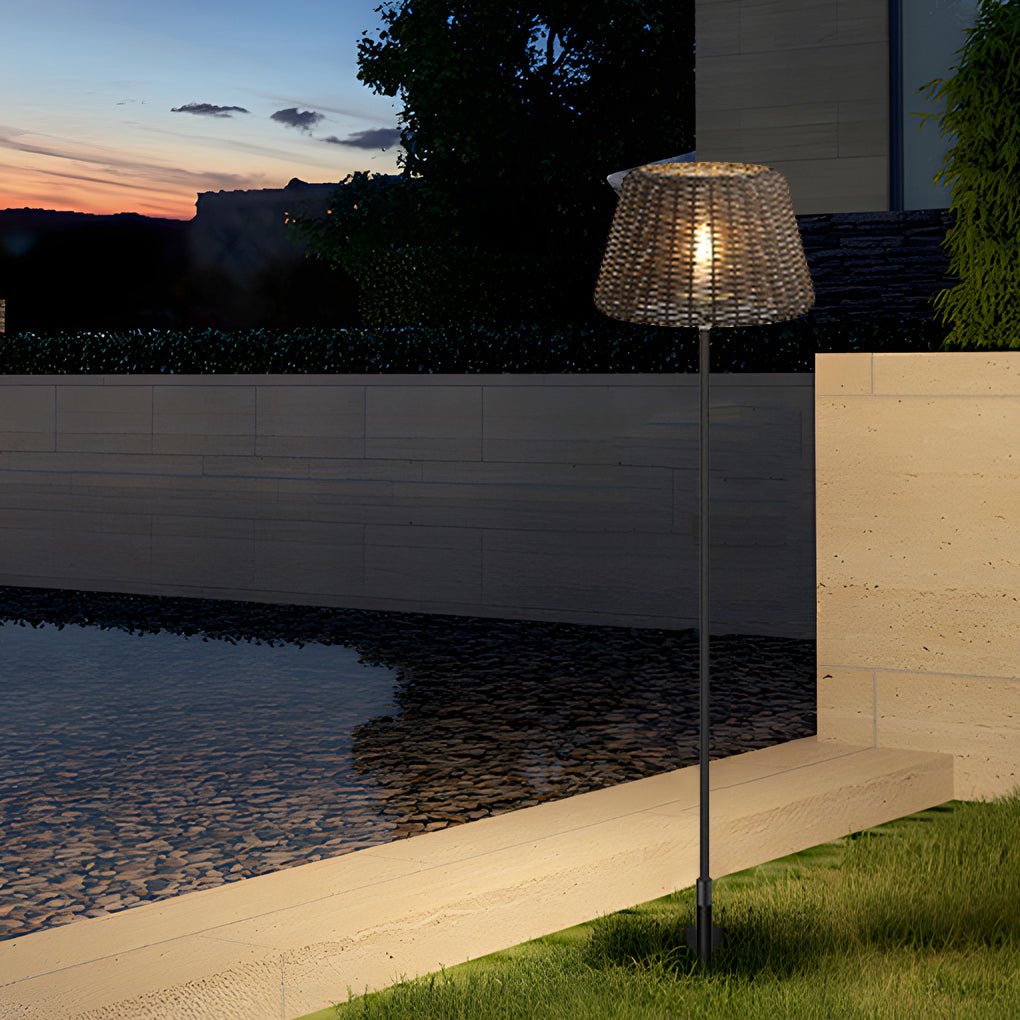 Elegant Rattan Shade LED Outdoor Floor Lamp Pendant Light with Stake and Open - Top Design