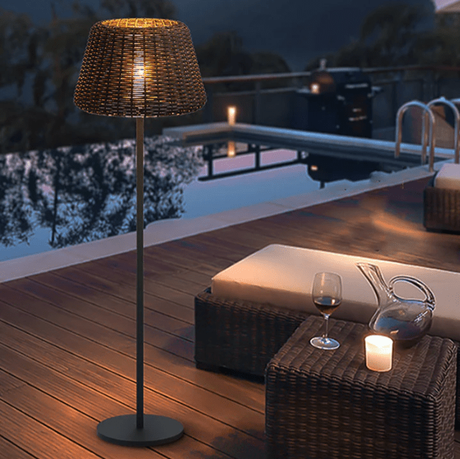 Elegant Rattan Shade LED Outdoor Floor Lamp Pendant Light with Stake and Open - Top Design