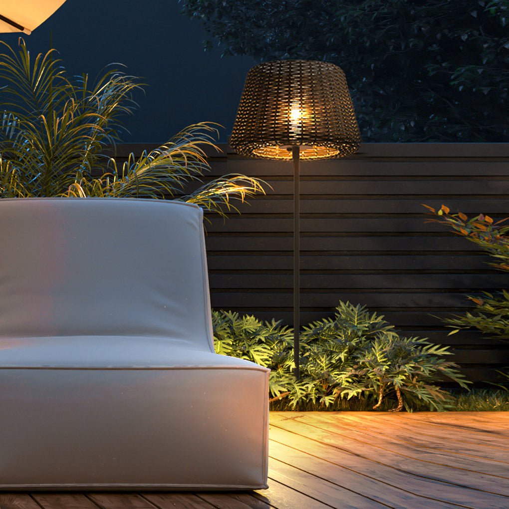 Elegant Rattan Shade LED Outdoor Floor Lamp Pendant Light with Stake and Open - Top Design