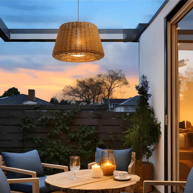 Elegant Rattan Shade LED Outdoor Floor Lamp Pendant Light with Stake and Open - Top Design