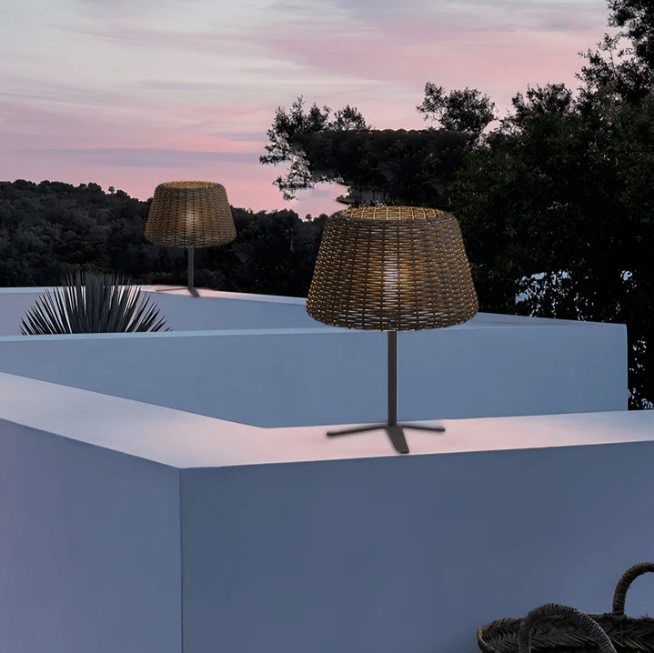 Elegant Rattan Shade LED Outdoor Floor Lamp Pendant Light with Stake and Open - Top Design