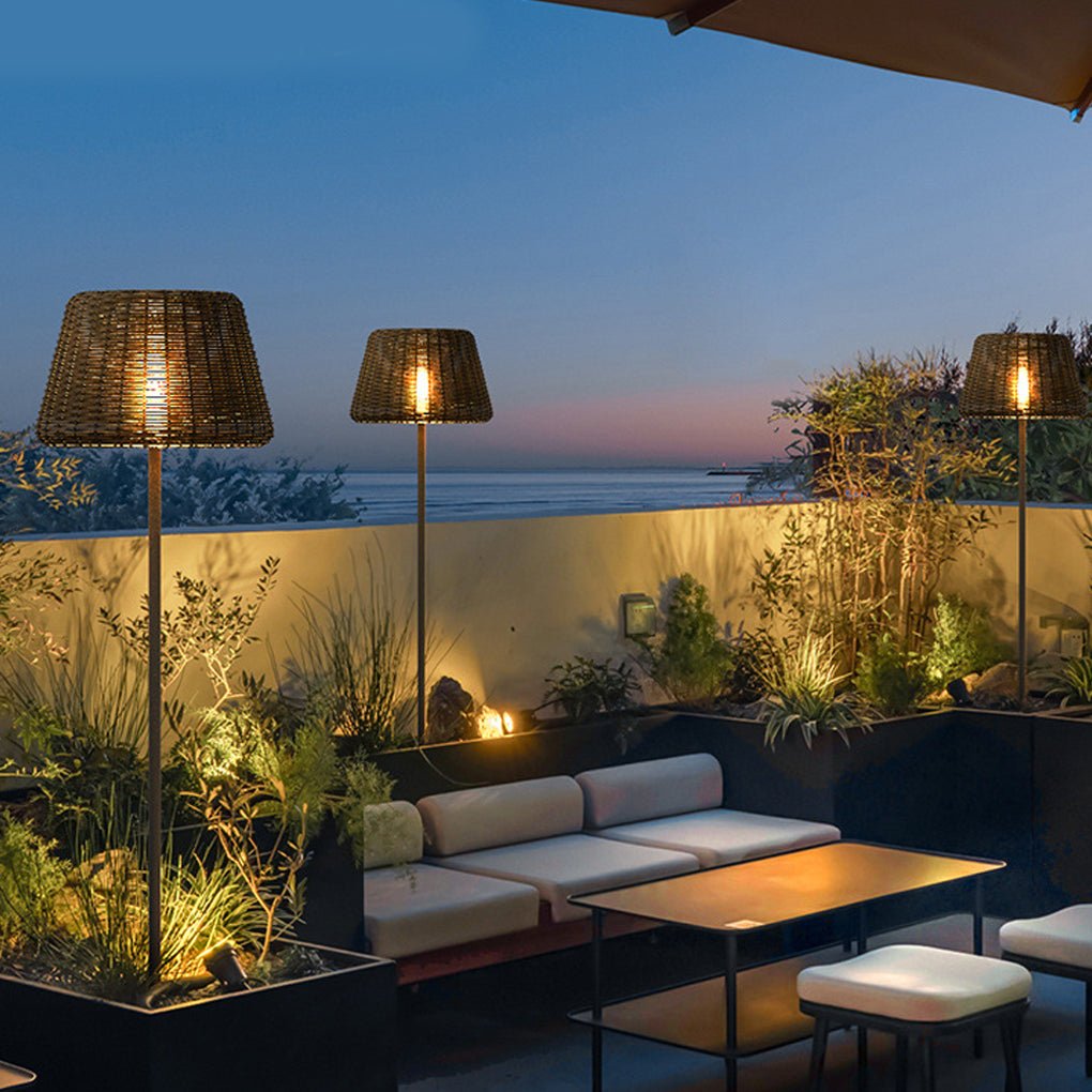 Elegant Rattan Shade LED Outdoor Floor Lamp Pendant Light with Stake and Open - Top Design