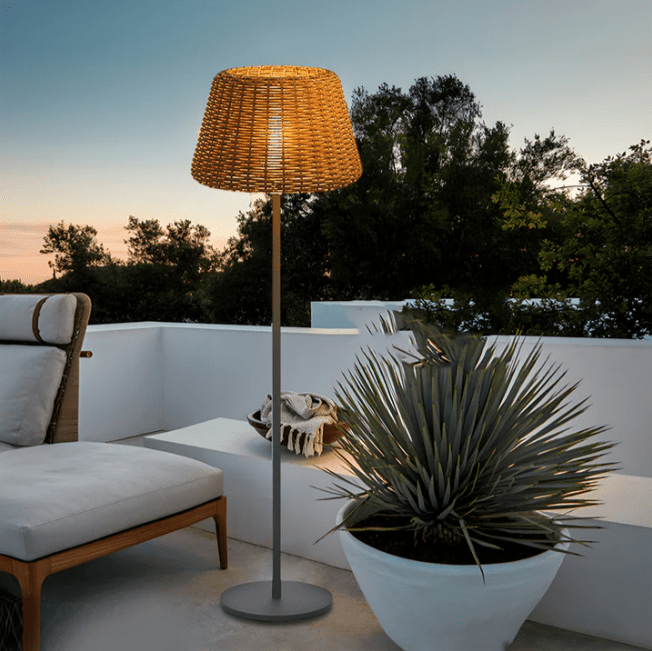 Elegant Rattan Shade LED Outdoor Floor Lamp Pendant Light with Stake and Open - Top Design