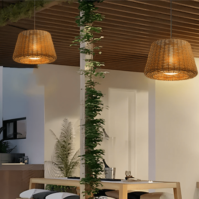 Elegant Rattan Shade LED Outdoor Floor Lamp Pendant Light with Stake and Open - Top Design