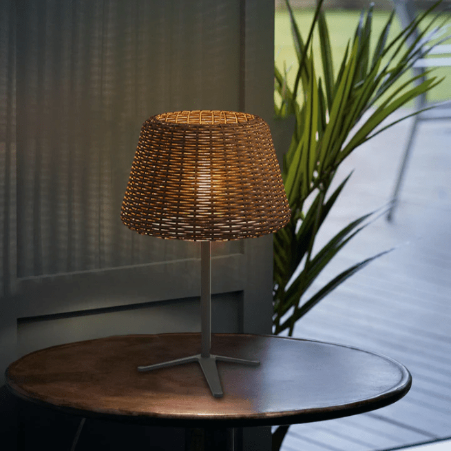 Elegant Rattan Shade LED Outdoor Floor Lamp Pendant Light with Stake and Open - Top Design