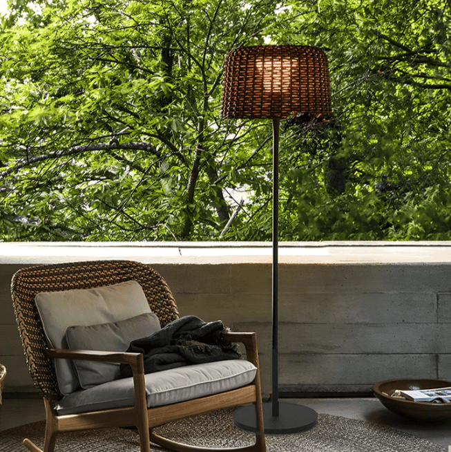Elegant Rattan Shade LED Outdoor Floor Lamp Pendant Light with Stake and Open - Top Design