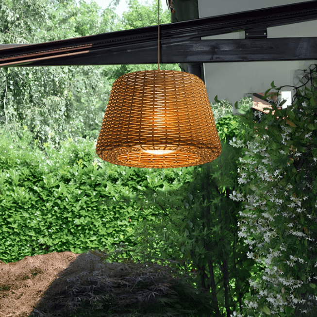 Elegant Rattan Shade LED Outdoor Floor Lamp Pendant Light with Stake and Open - Top Design