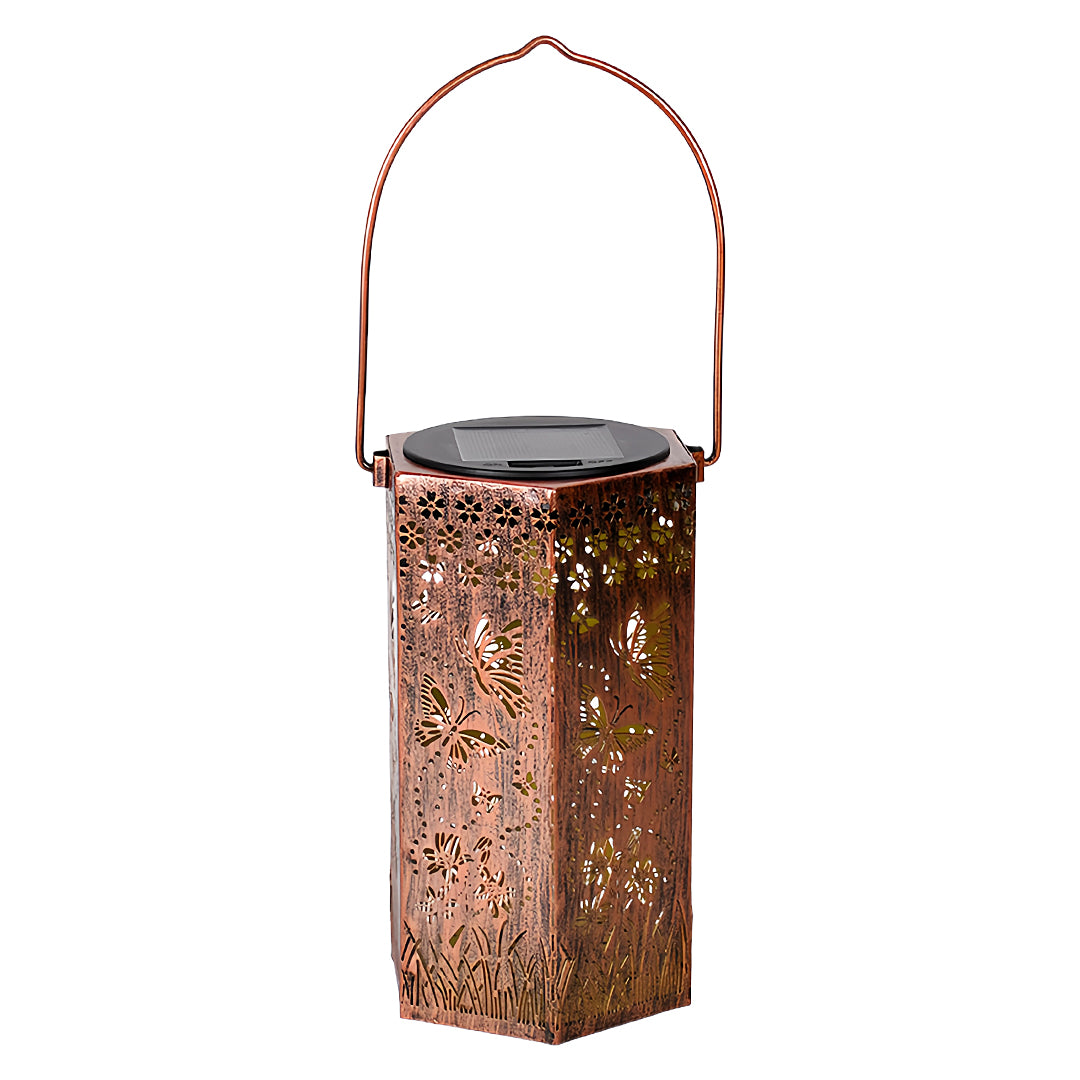 Elegant rectangular red outdoor lantern with ornate bird and flower cutouts, featuring a bronze finish.