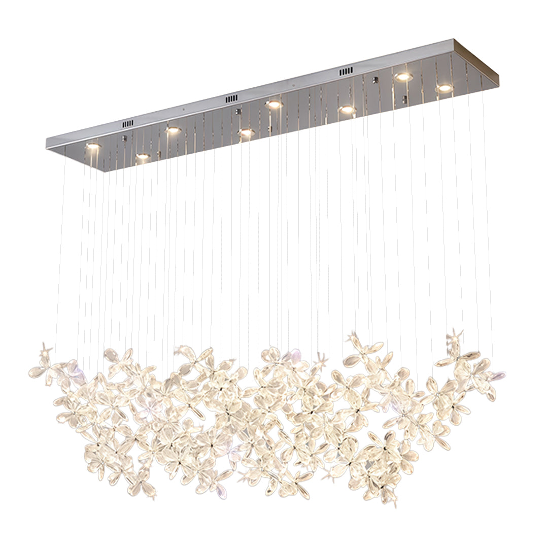 Elegant rock crystal chandelier featuring cascading crystal branches in contemporary horizontal form