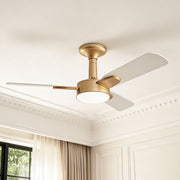 Copper ceiling fan with light installed beneath a decorative ceiling in a bright elegant room.