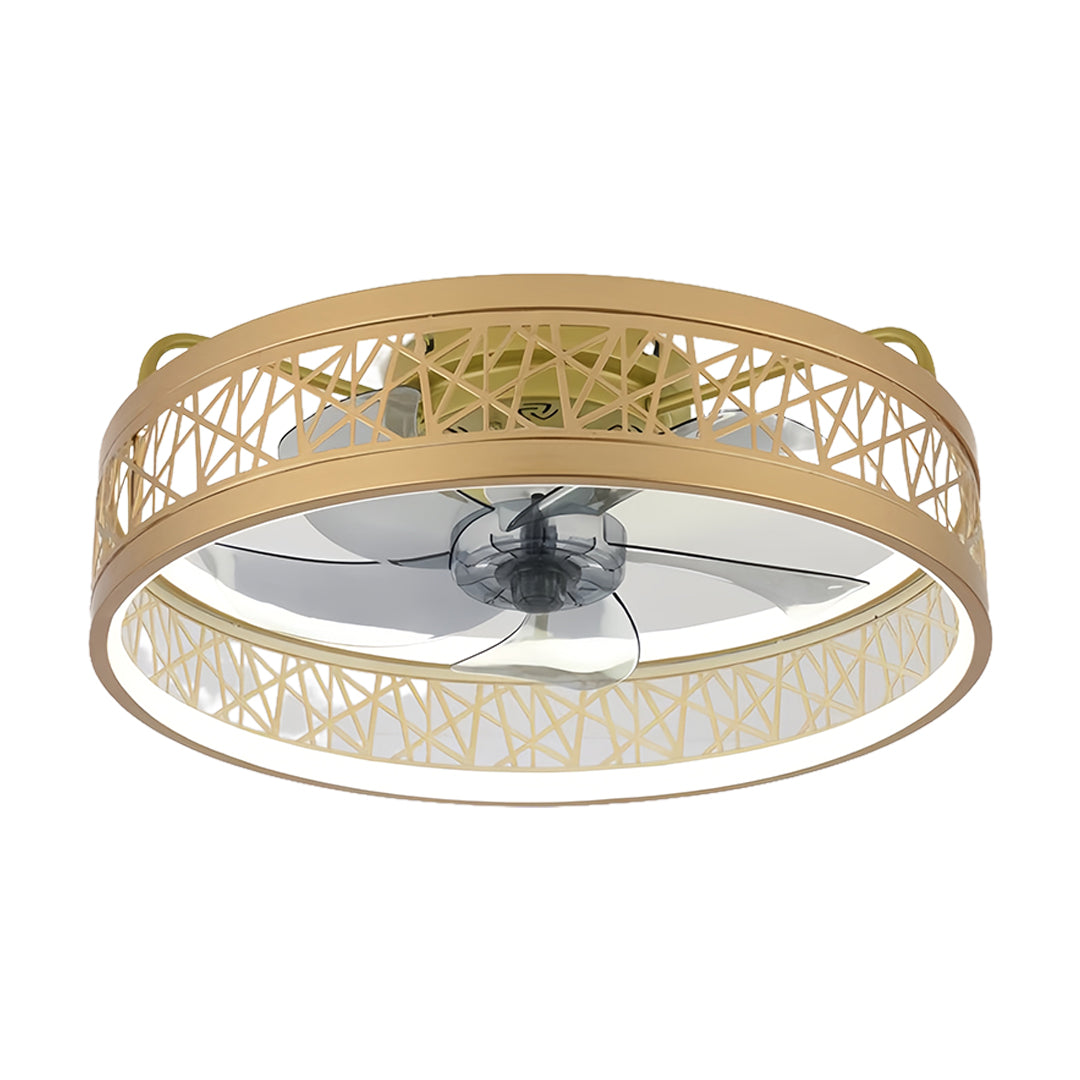 Elegant round ceiling fan with light in gold finish combining luxury aesthetics with practical functionality