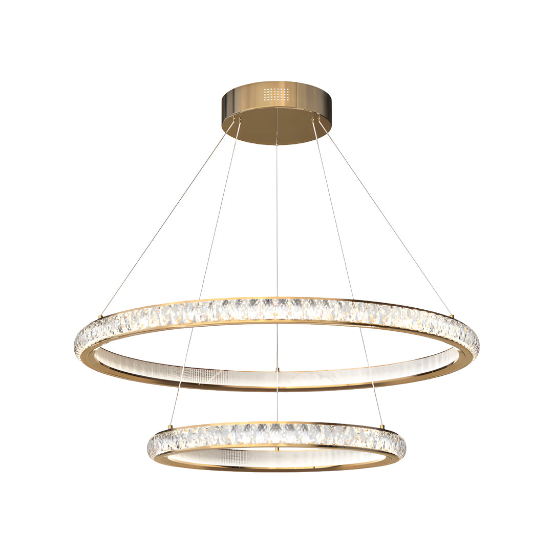 Elegant round gold crystal chandelier with dual-tier circular rings featuring crystal accents in champagne gold