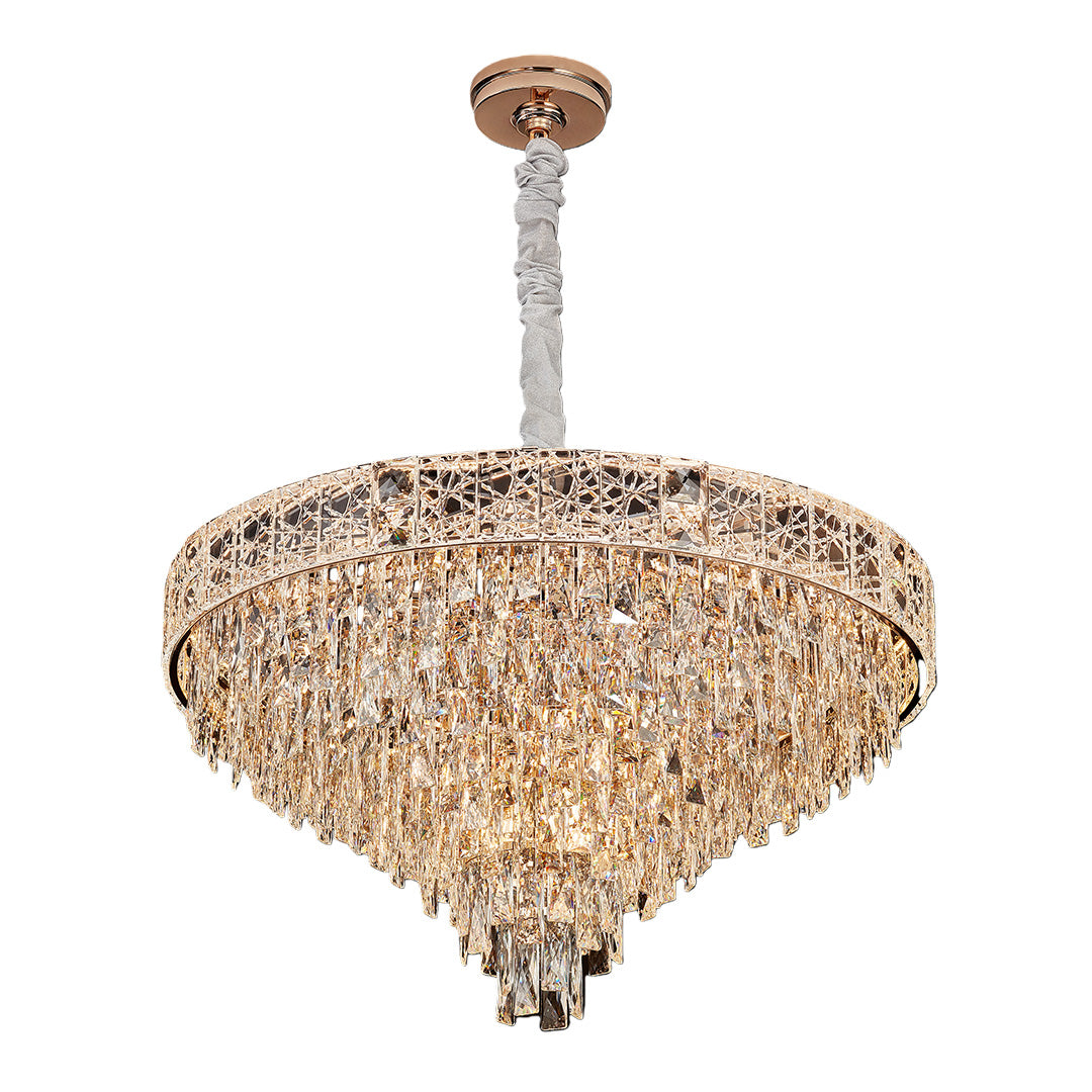 Elegant round chandelier with multiple layers of golden crystal strands.