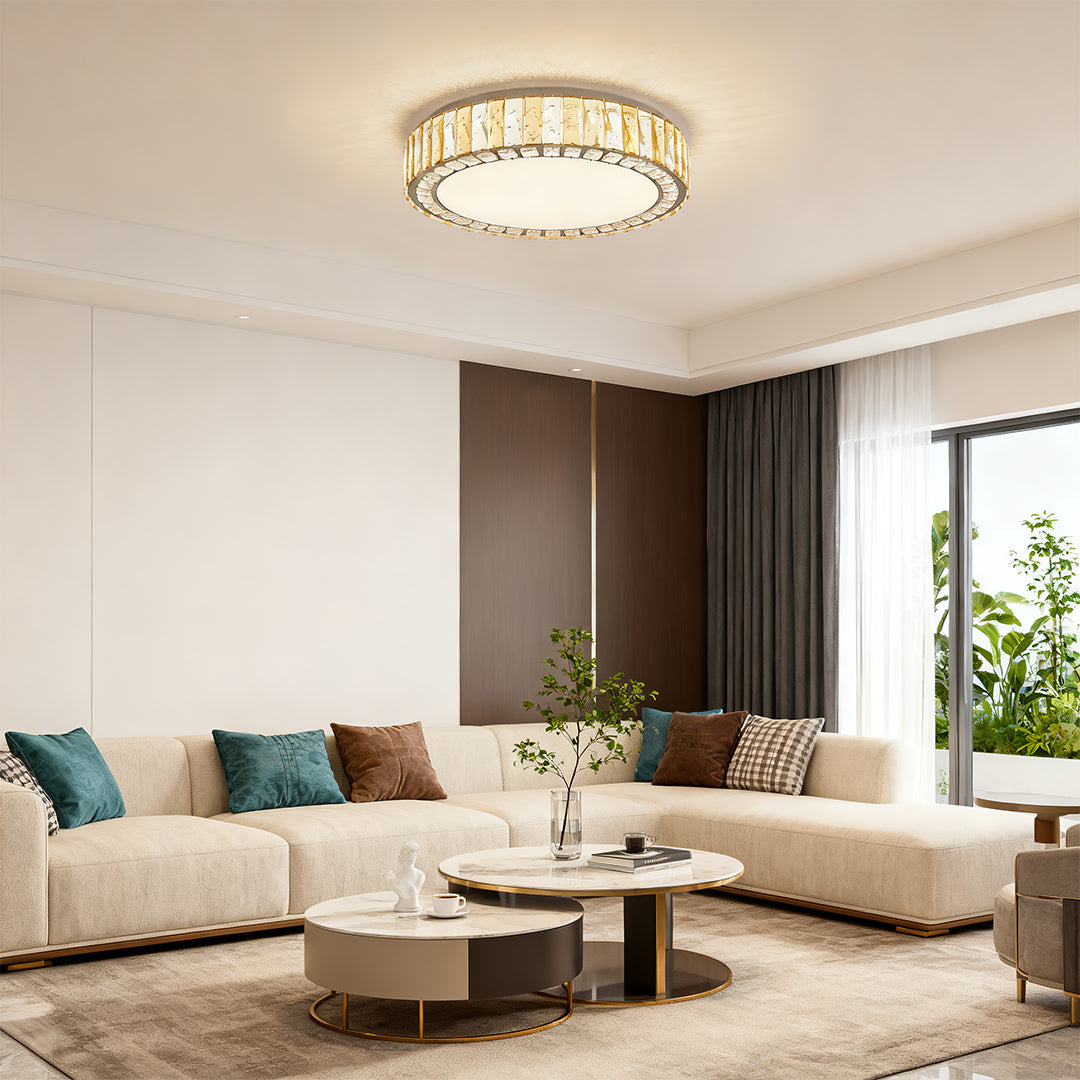 Elegant round LED flush mounted ceiling lights with glass shade chandelier styling illuminating modern beige living room.