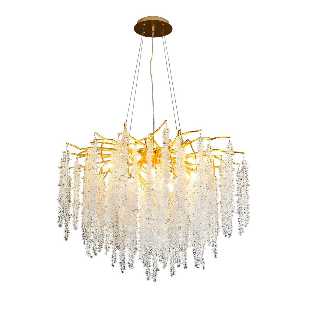 Elegant round modern gold crystal chandelier on a white background featuring cascading drops.