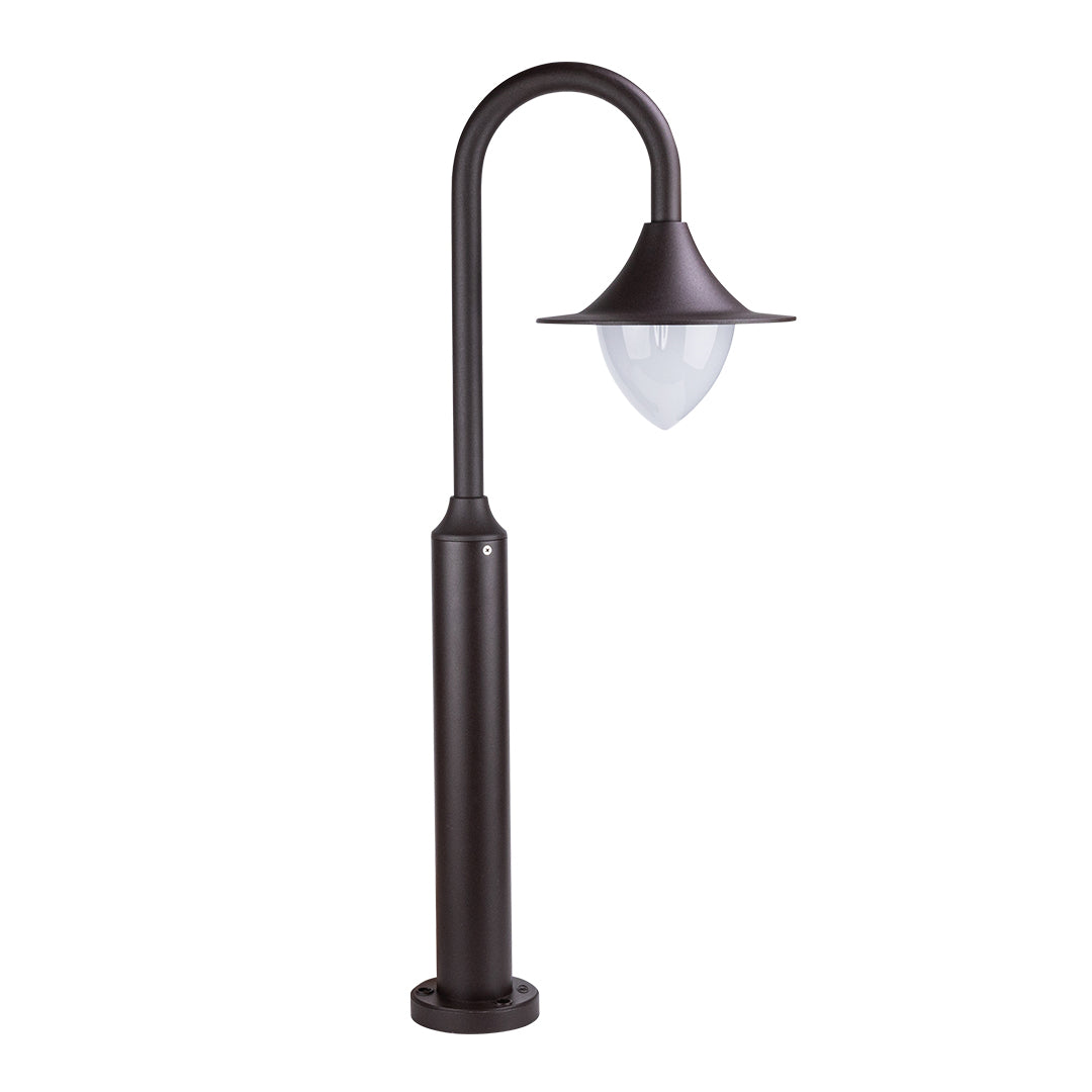 Elegant black shepherd's hook bollard light with graceful curved arm and downward-facing lantern