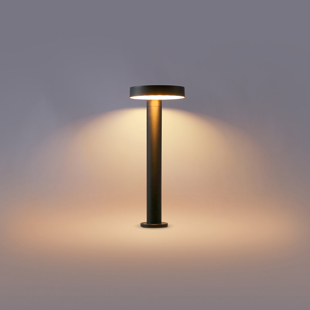 Elegant solar-powered garden light, casting a soft glow along a garden path.