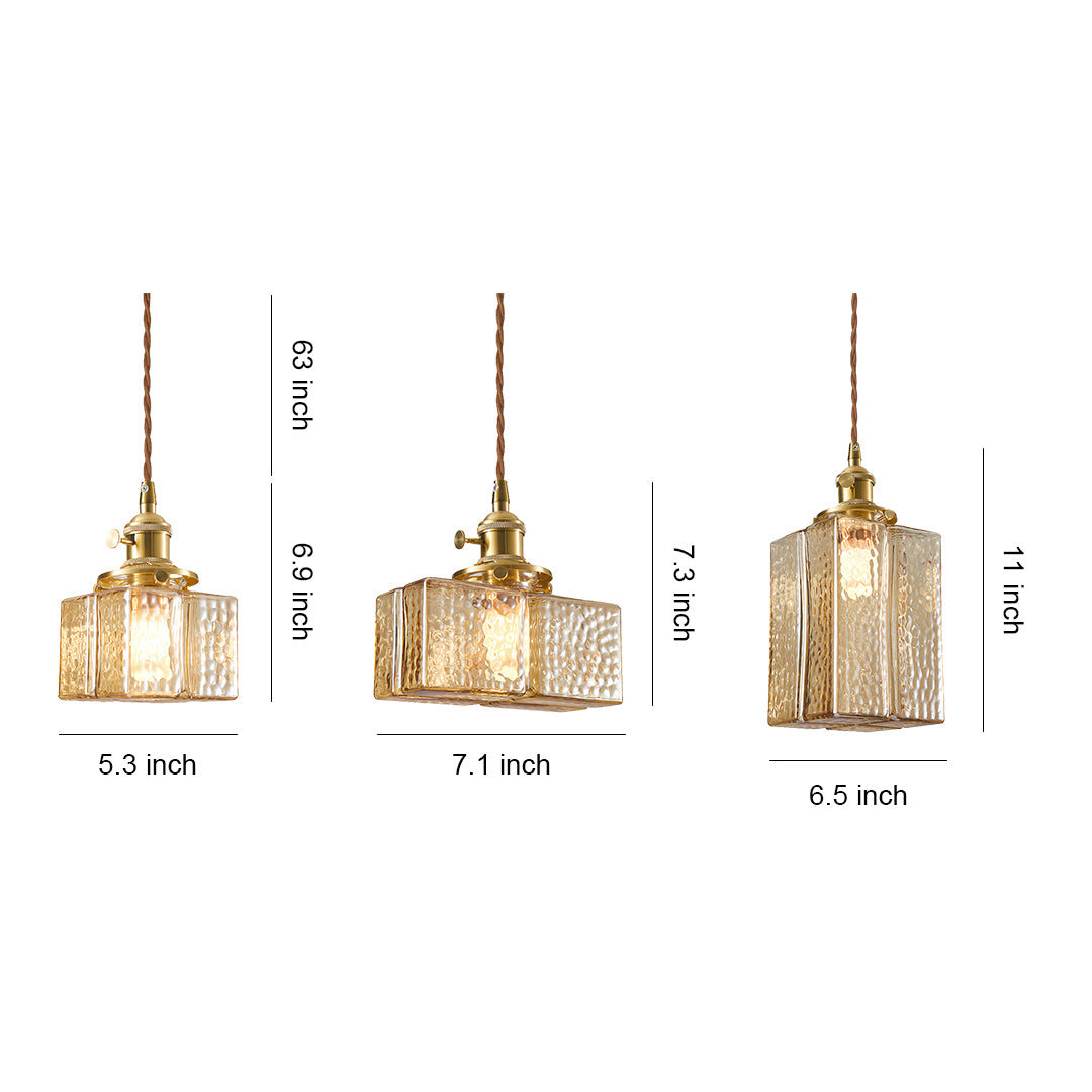 Elegant square glass pendant light with textured clear glass shade and brass finish for vintage-inspired lighting