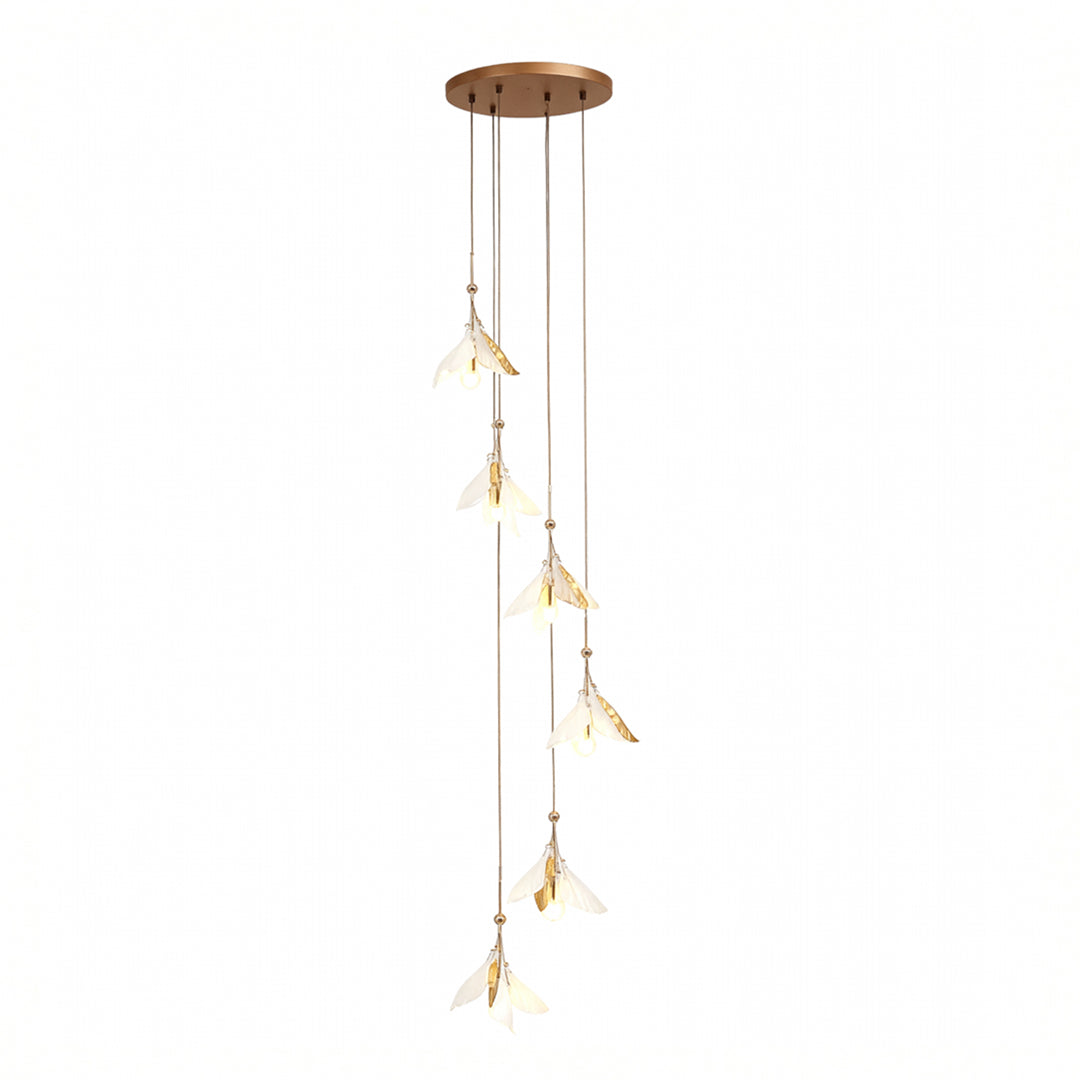 Elegant staircase chandelier ideas with cascading vertical arrangement of glass botanical elements in warm gold finish