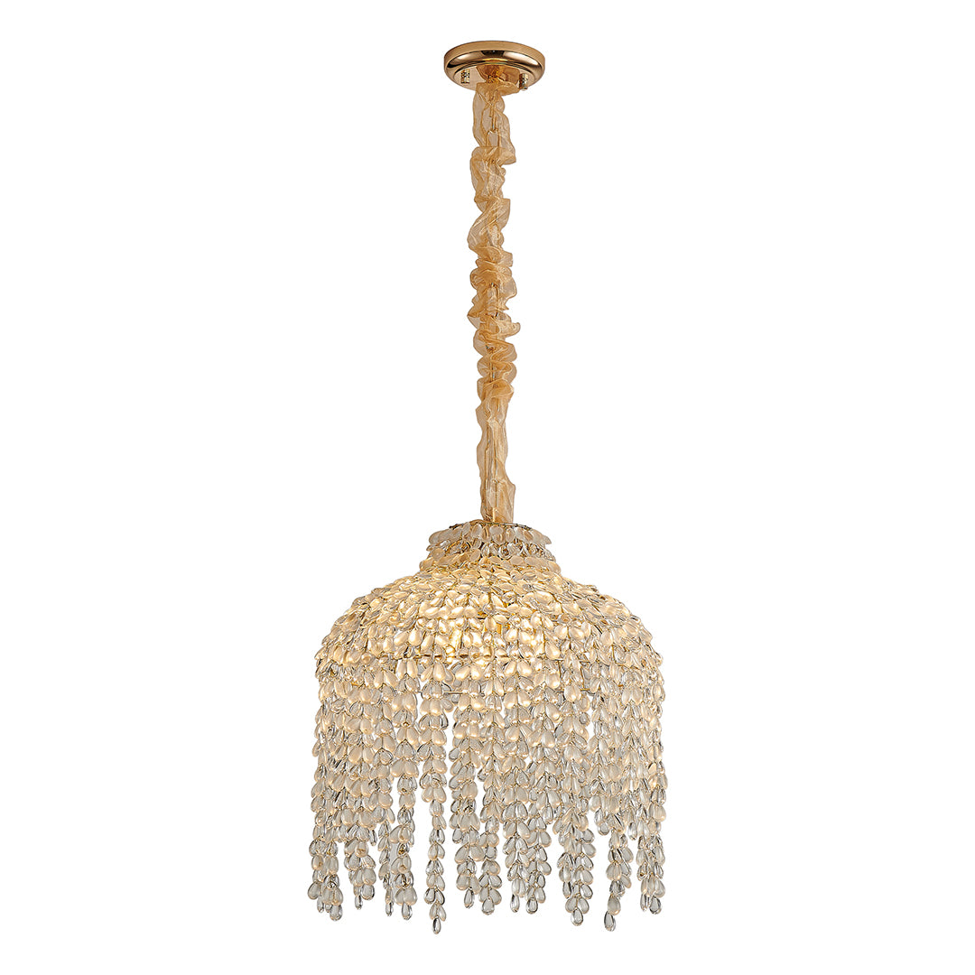 Classic teardrop crystal chandelier with gold frame and hanging crystal strands, ideal for dining or living rooms.