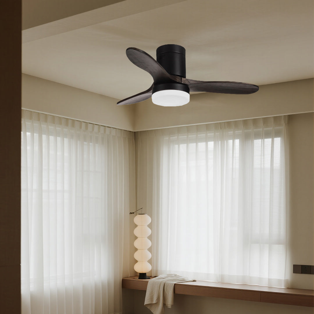 Elegant three blade wooden ceiling fan with light in modern residential living space design