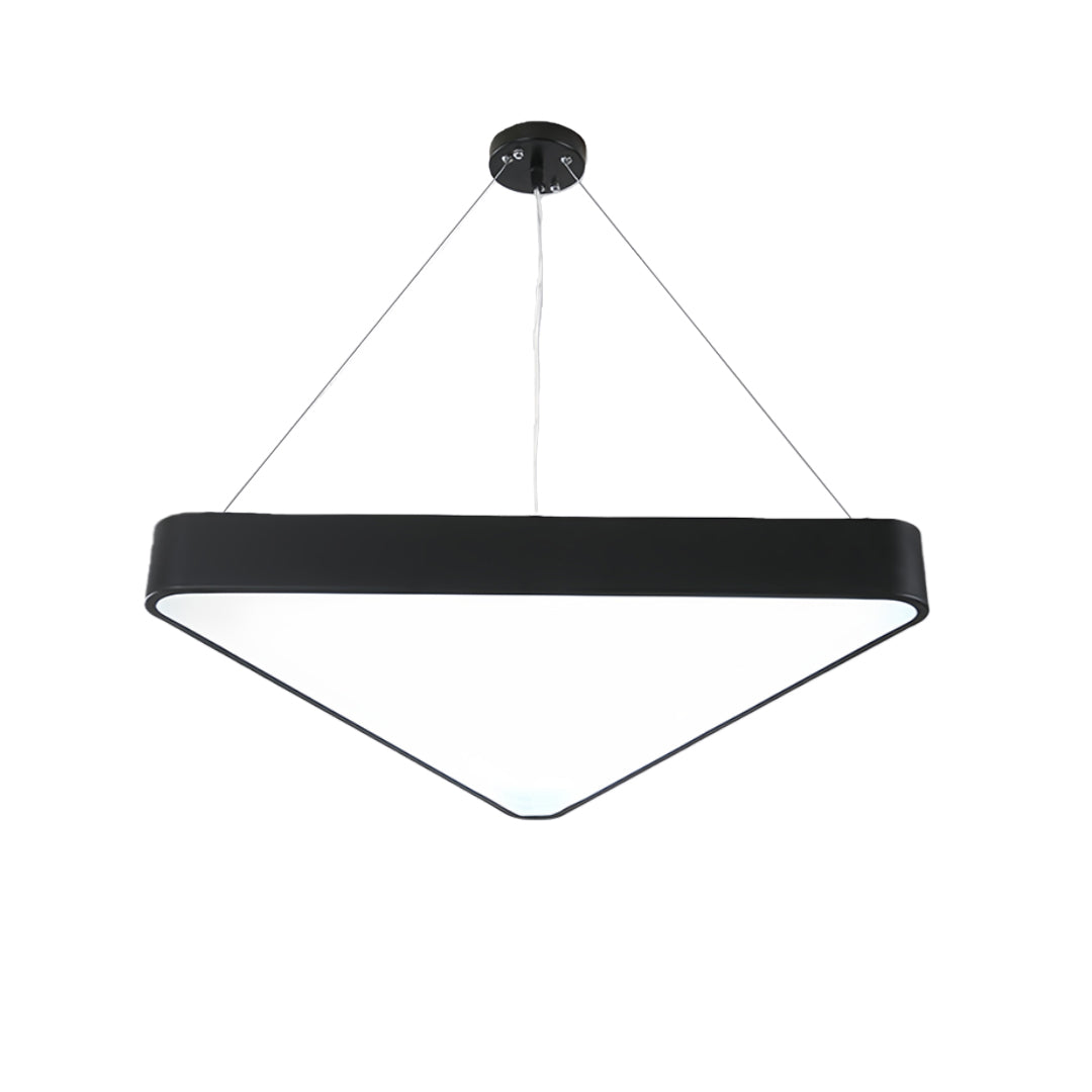 Elegant black chandelier with a unique triangular shape, ideal for contemporary and industrial-style spaces.