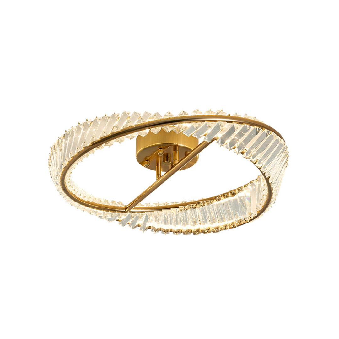 Elegant mobius light fixture featuring gold frame with crystal detailing in twisted circular form, 19.7 inch width.