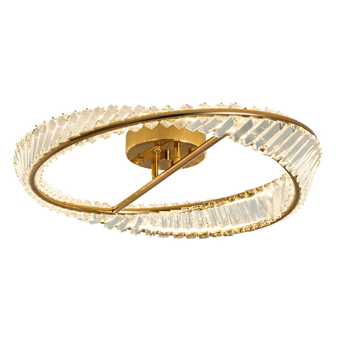 Elegant mobius light fixture featuring gold frame with crystal detailing in twisted circular form, 31.5 inch width.