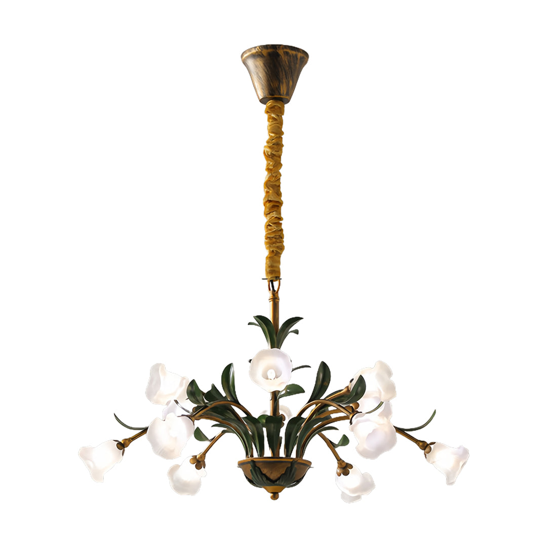 Elegant vintage floral chandelier featuring delicate glass flowers and antique gold finish for classic decor