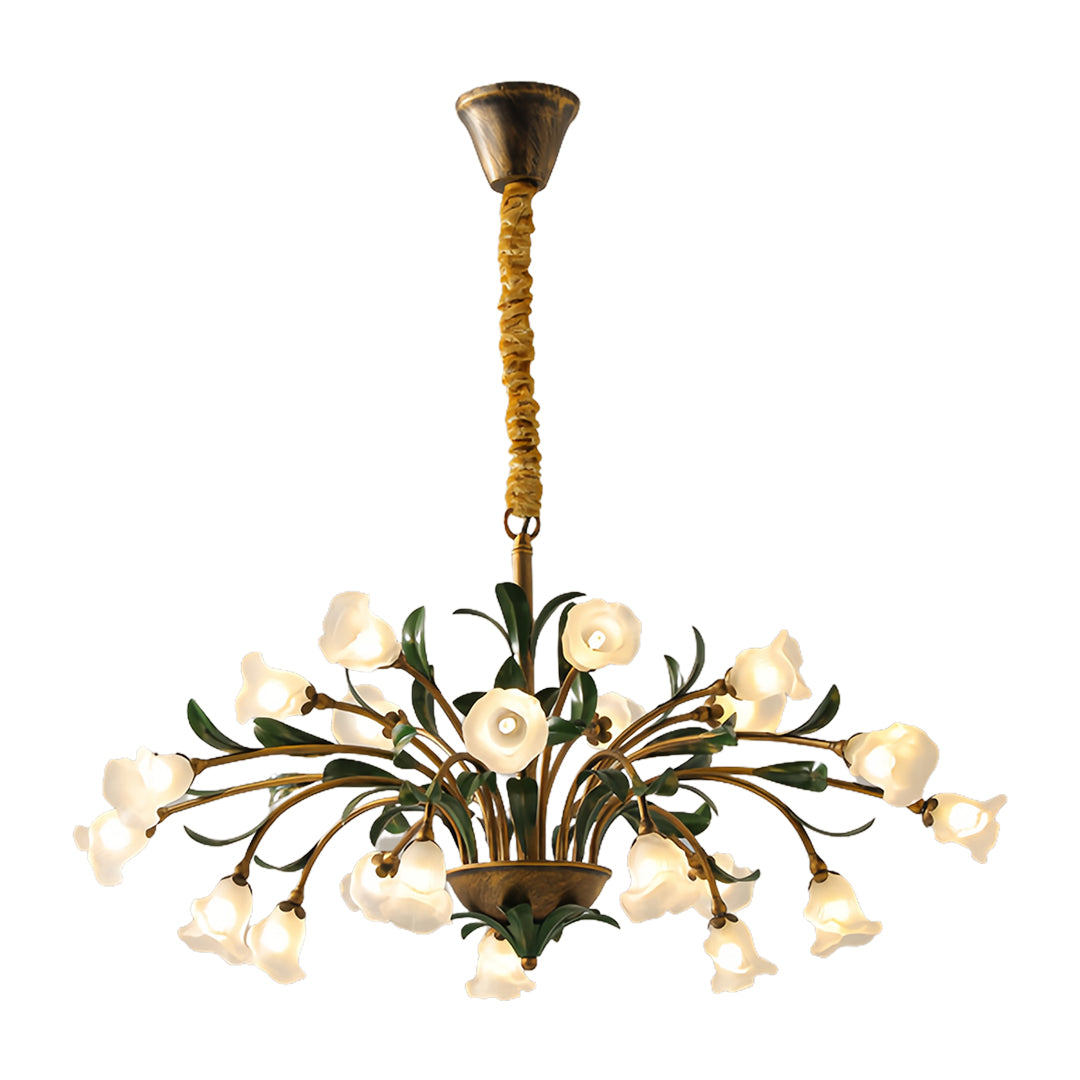 Elegant vintage floral chandelier featuring delicate glass flowers and antique gold finish for classic decor