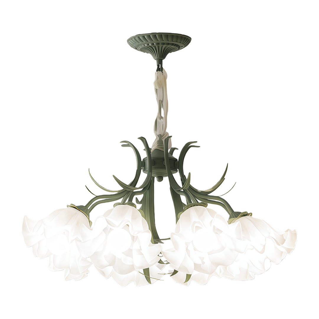 Elegant vintage flower chandelier with white floral shades and a green metal frame, perfect for classic interiors.