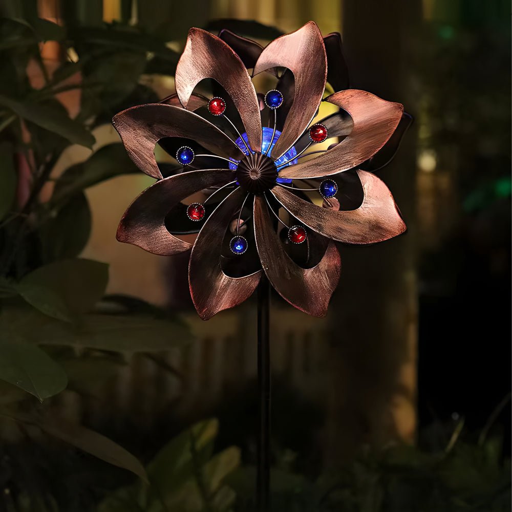 Elegant Vintage Iron Wind Spinner Solar Garden Stake Lights 2Pcs