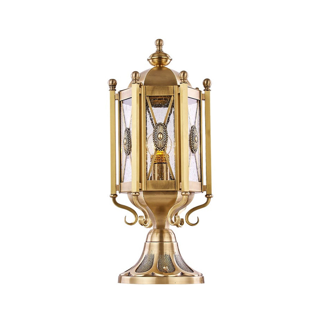 Elegant vintage pillar lights with gold finish, perfect for adding a touch of sophistication to outdoor spaces.