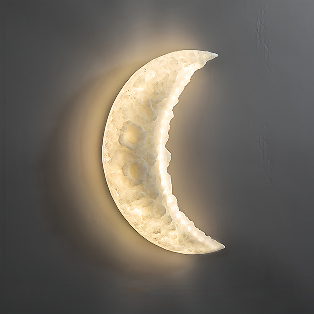 Elegant wall light moon creating soft nighttime ambiance in minimalist bedroom setting