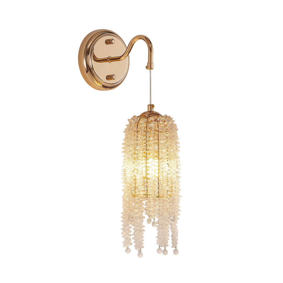 Elegant wall lights with crystals and glass shade chandelier aesthetic showcasing luxurious gold hardware with crystal tassel design.