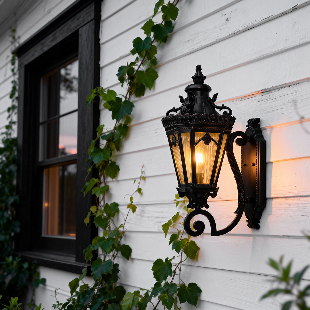 Elegant wall mount light outdoor illuminating white siding with climbing green vines near window