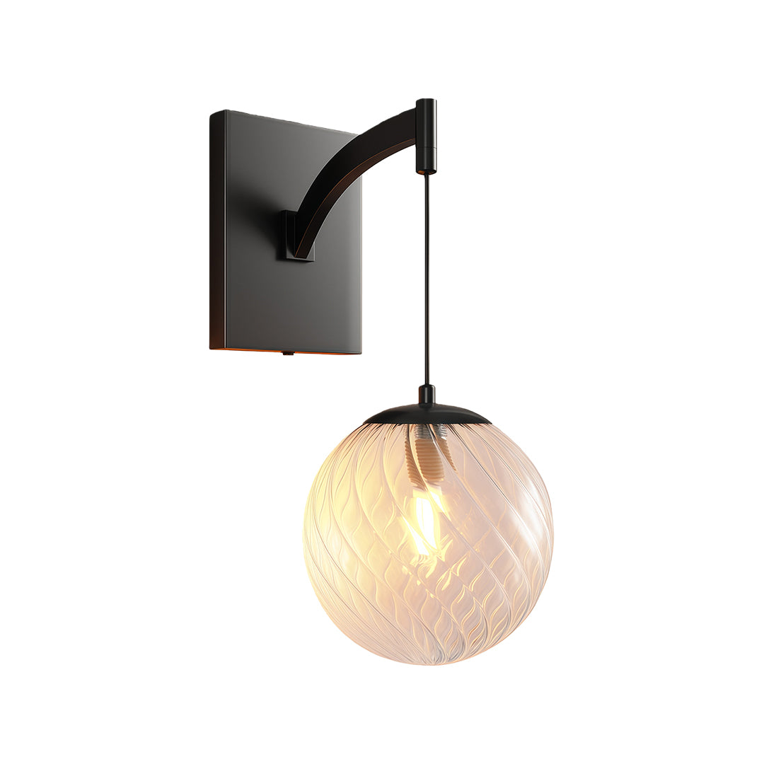 Elegant wall mounted pendant light featuring glass shade chandelier design in matte black with warm amber glass globe shade.
